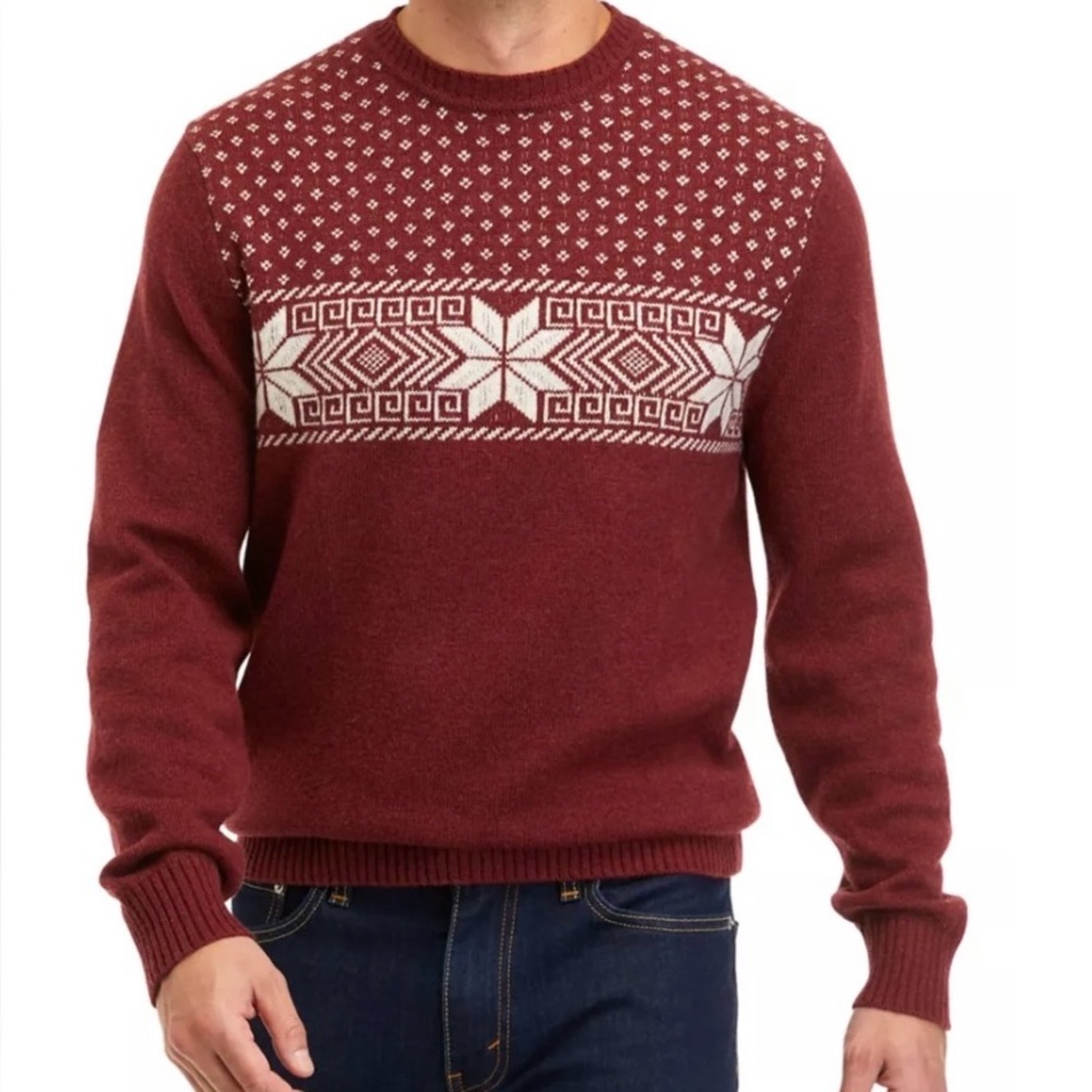 Crown & Ivy Snowflake Fair Isle Lambswool Blend Burgundy Crew Neck Sweater 2xl